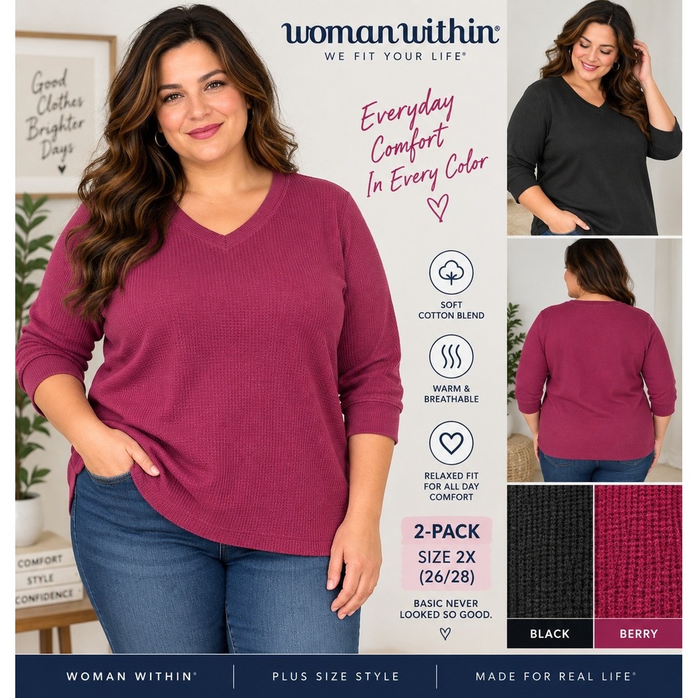 Woman Within 2 Pack Waffle Knit V-Neck Tops Black Berry Plus Size 2X 26/28